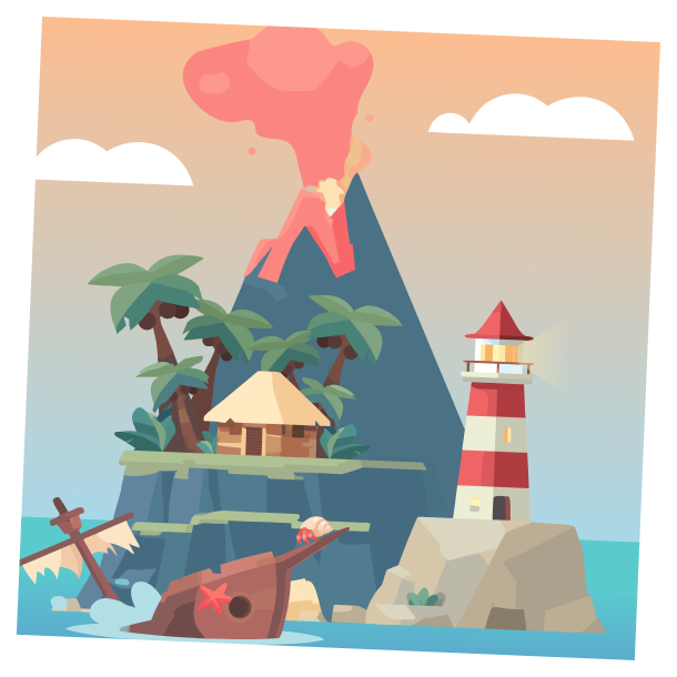 A Peli island — a volcano, a lighthouse and a hut on the water